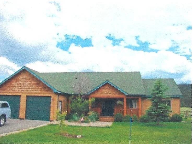 A wooden house with a green roof and attached garage, surrounded by a lawn and trees, under a partly cloudy sky.