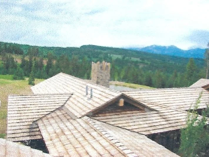 View of rooftops with tiled roofs and a stone tower in the background, surrounded by green fields and forested hills.