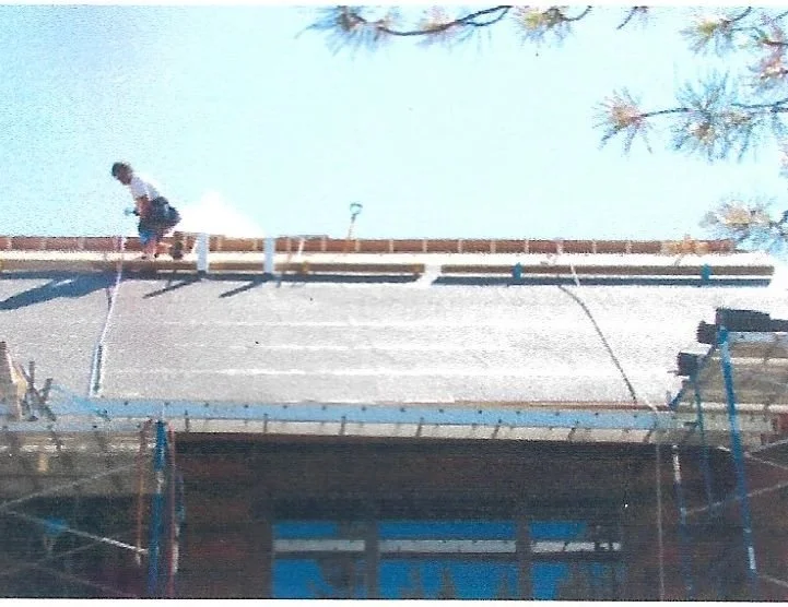 A person crouching on the edge of a rooftop, surrounded by construction scaffolding and safety barriers, with a tree branch in the upper right corner.