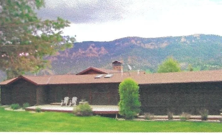 A backyard with a deck, lawn chairs, a small tree, and a mountain range in the background under a cloudy sky.