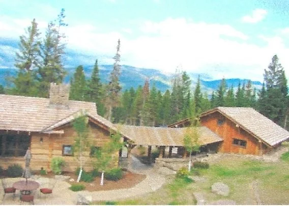 Rustic wooden cabins in a forested mountain setting.