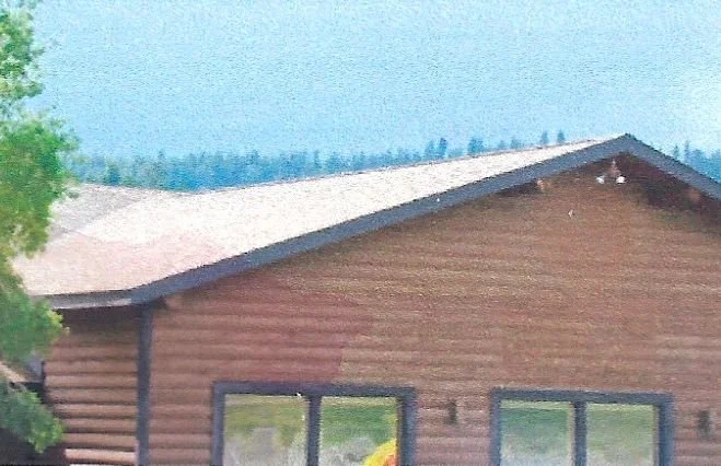 A wooden house with a sloped roof, large windows, and surrounded by trees and greenery.