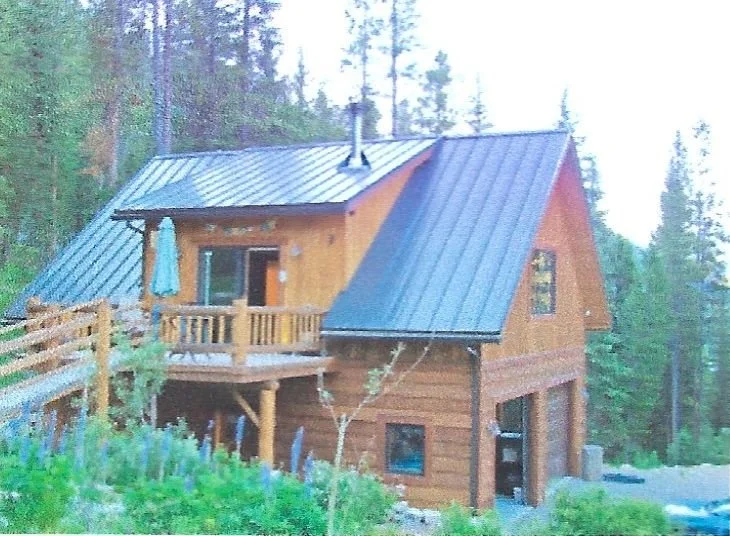 Wooden house with a metal roof and a balcony in a forested area.