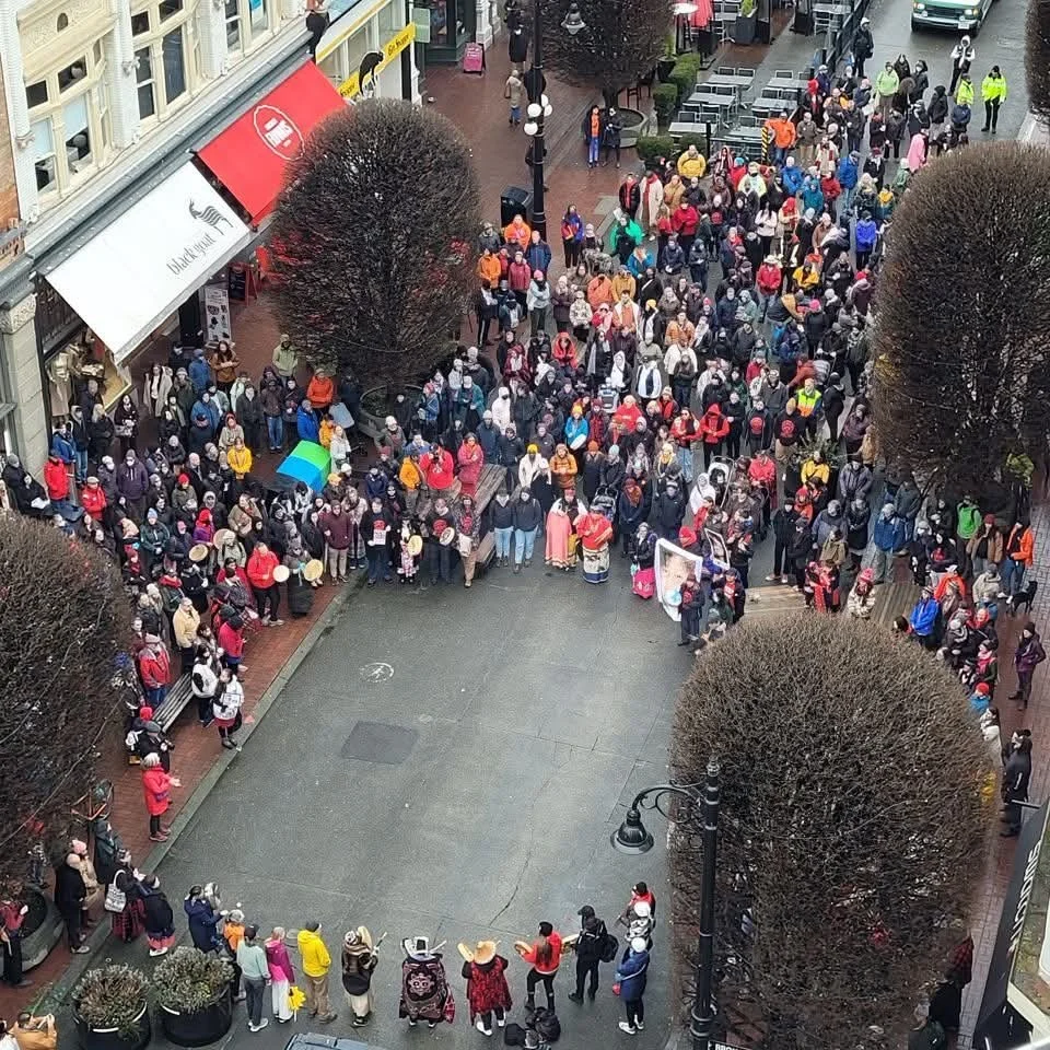 Crowd gathered in downtown Victoria for the Stolen Sisters Memorial March honouring missing and murdered Indigenous women, girls and 2SLGBTQ+ people.