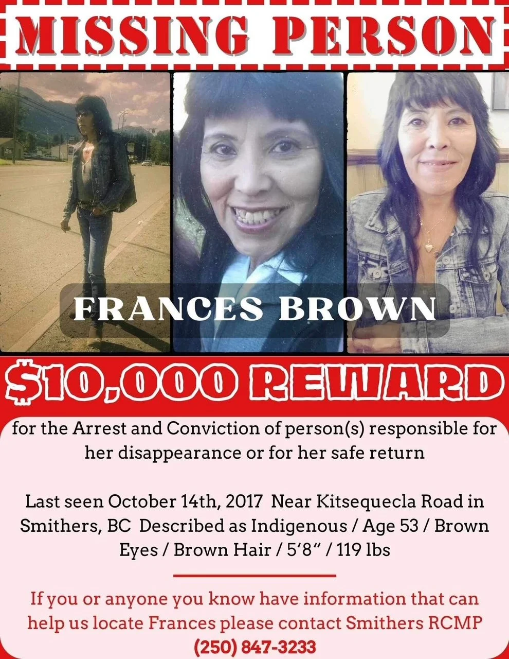 Missing person poster with photos of Frances Brown, including a woman walking outdoors, a woman smiling, and a woman in a denim jacket. It offers a $10,000 reward for her safe return, providing details about her last sighting, physical description, and contact information.