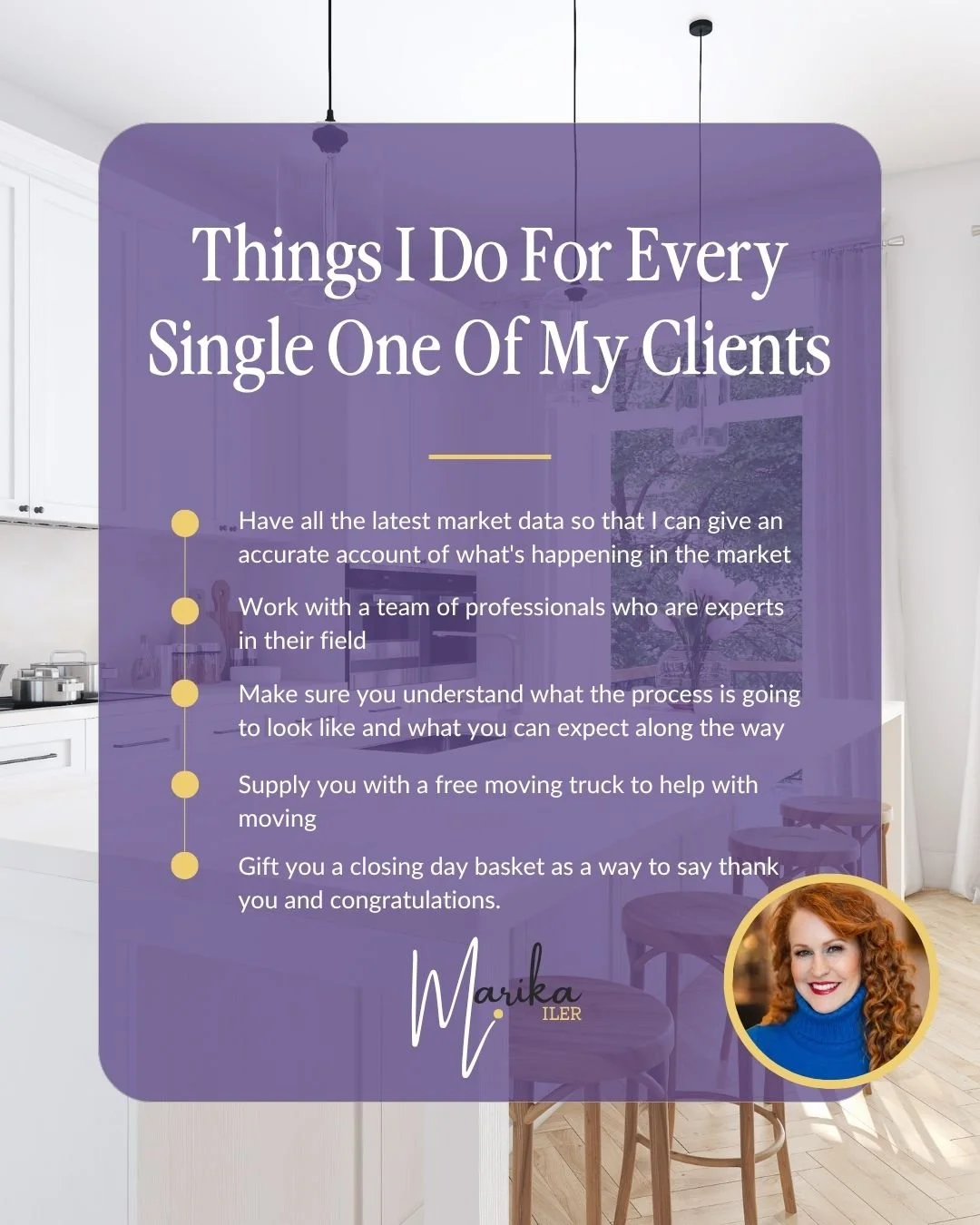 Checklist of services with five yellow bullet points, a photo of a woman with curly red hair, and a purple overlay on a modern kitchen background.