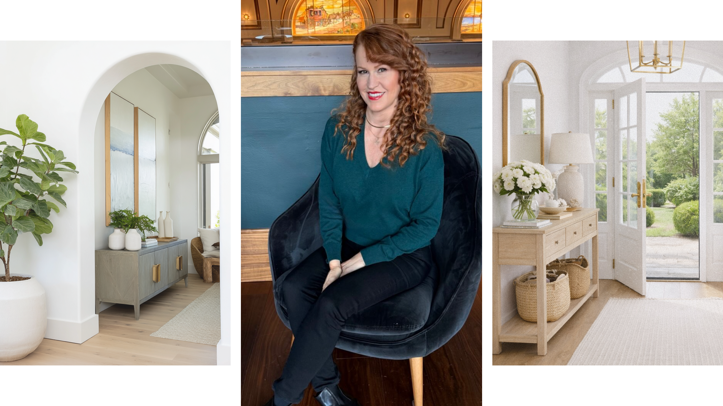 A woman with curly red hair, sitting on a black chair, smiling, in a cozy indoor setting with wooden and teal accents, flanked by images of stylish home interiors with plants and natural light.