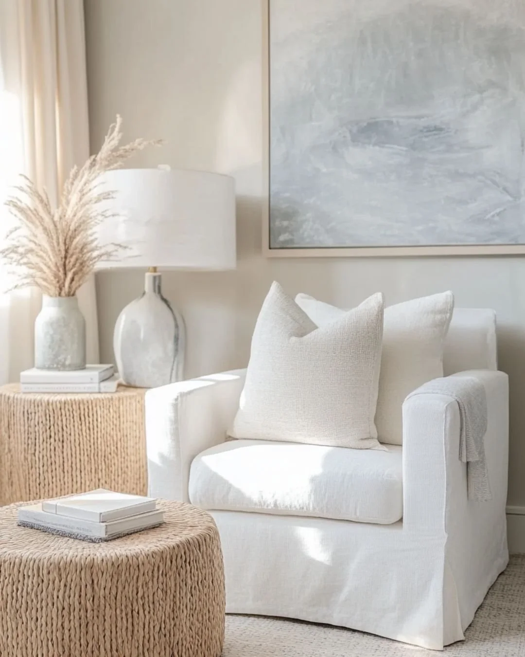 A cozy, minimalist living room corner featuring a white armchair with a matching cushion, a woven side table, a table lamp with a white shade, a decorative vase with dried pampas grass, and a large abstract painting on the wall.