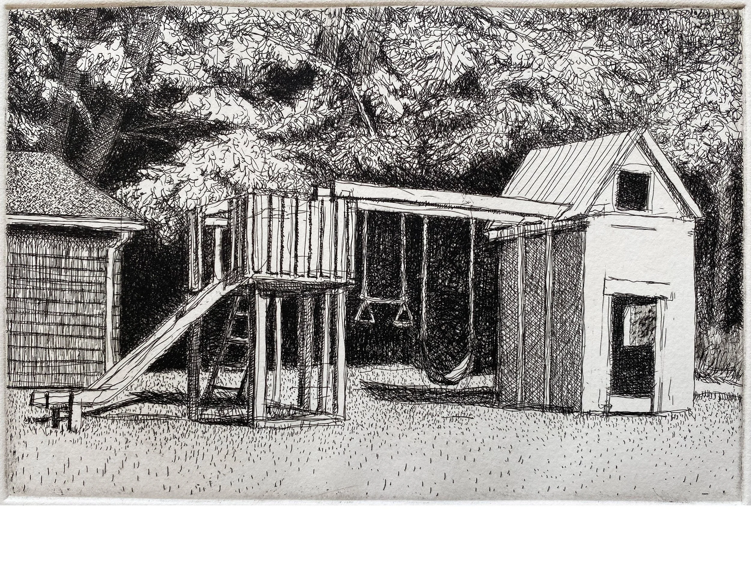 Ellingsen play structure, etching, 8 x 6 inch plate