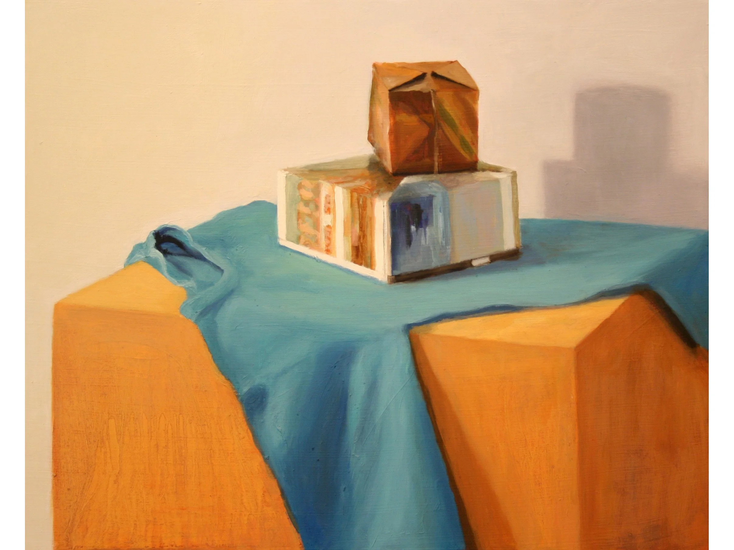 Stacked boxes on baby blue shirt, oil on board, 14 x 12 inches 