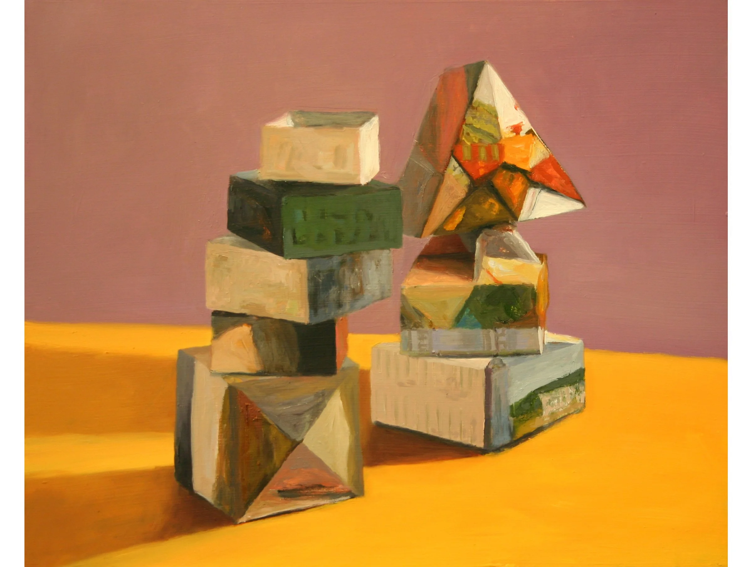 Stacked boxes with purple wall, oil on board, 14 x 12 inches 
