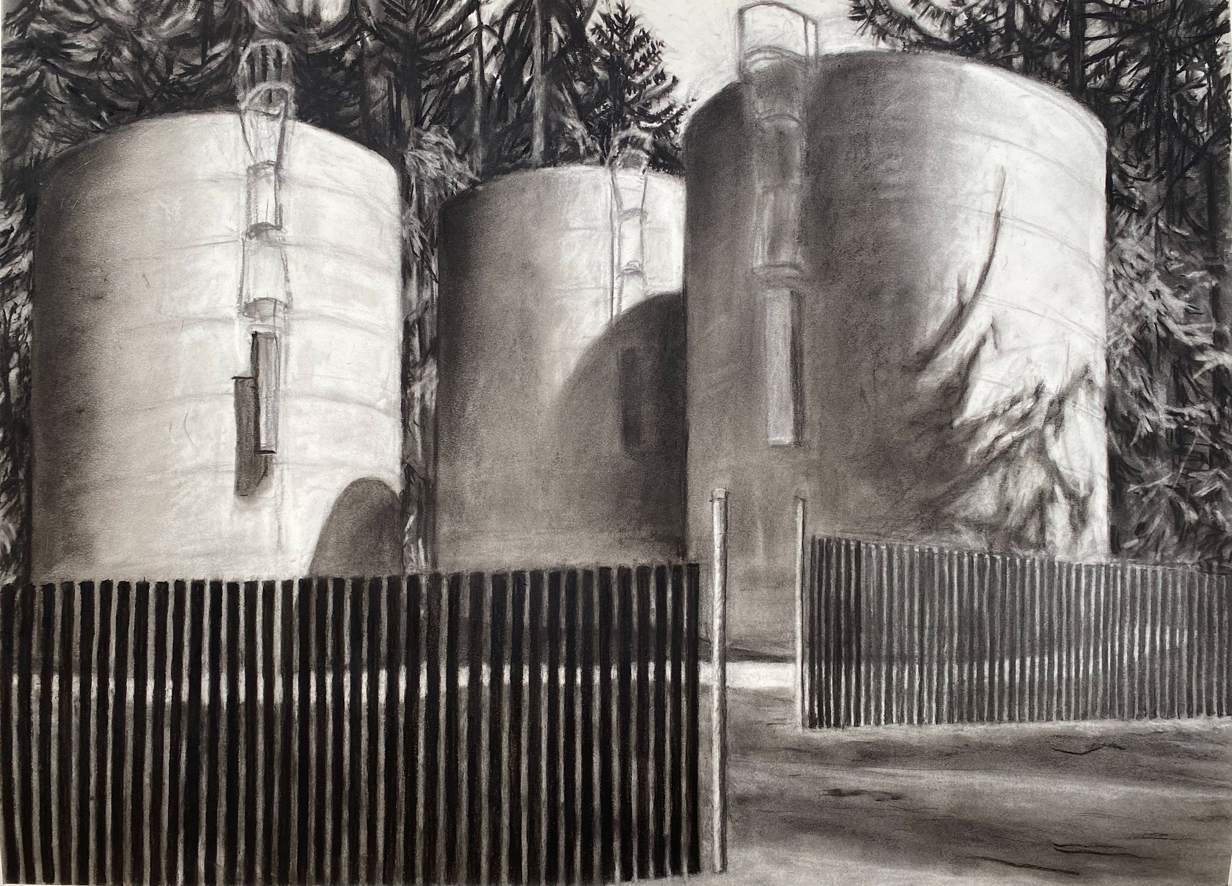 New water towers, charcoal on paper, 30 x 22 inches