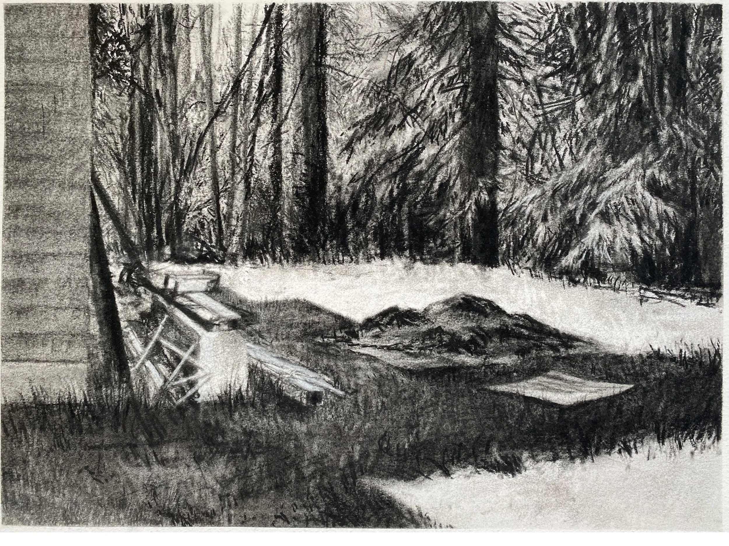 Construction materials in the side yard, charcoal on paper, 9 x 12 inches