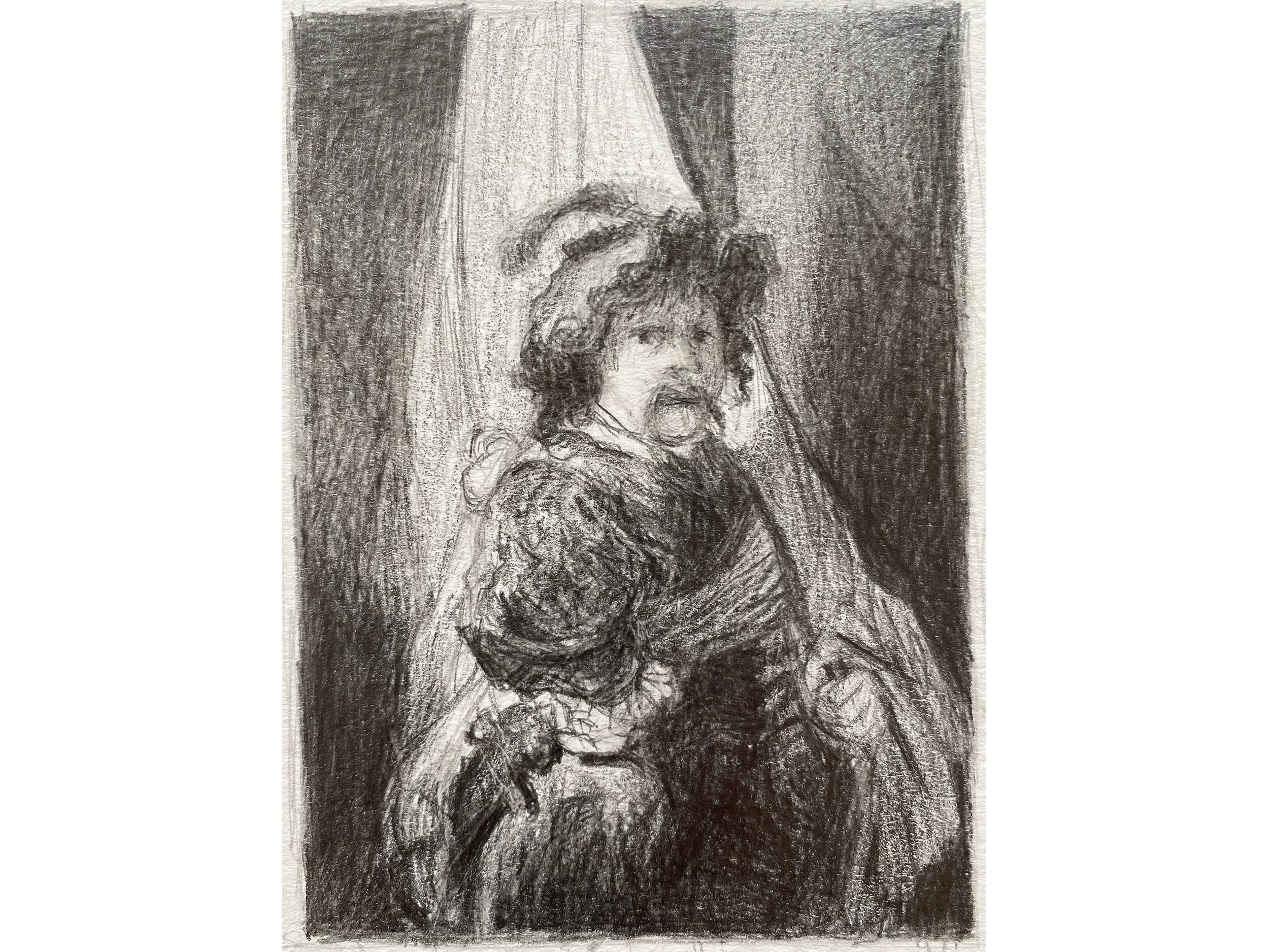 Rembrant at the Rijksmuseum, pencil on paper, 3 x 5 inches
