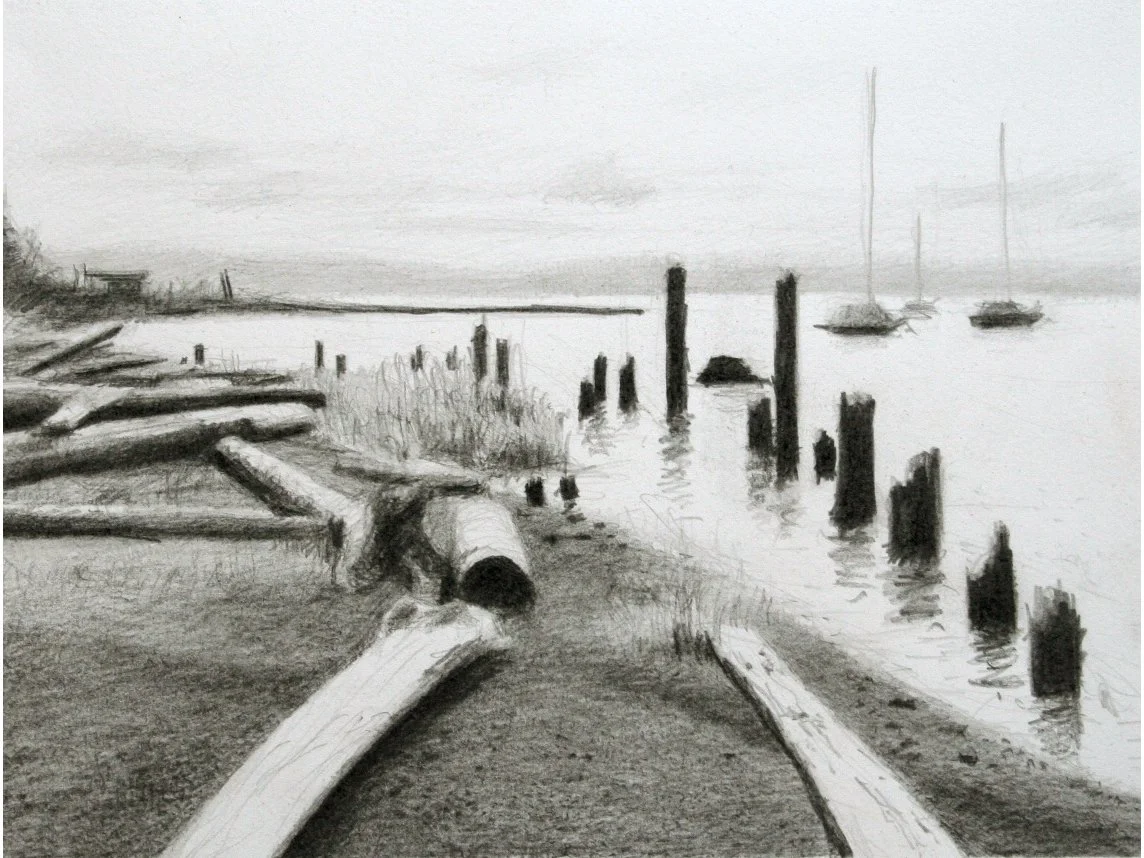 Port Blakely pilings, pencil on paper, 30 x 22 inches