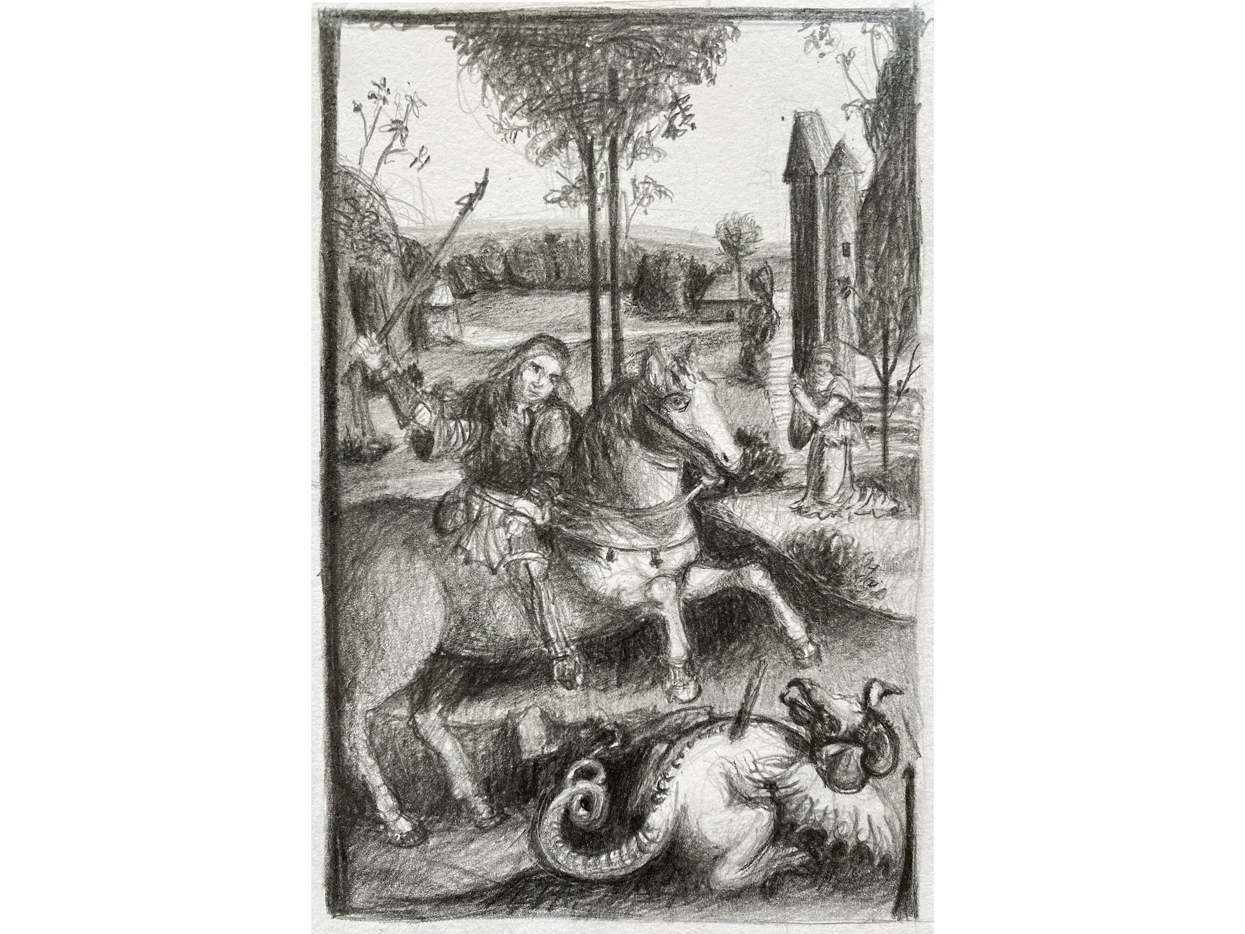 St George at the Palazzo Corsini, pencil on paper, 4 x 6 inches