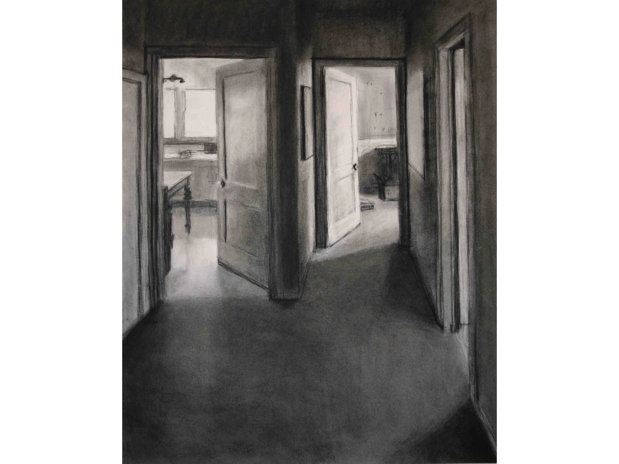 Ellingsen back hallway, charcoal on paper, 22 x 28 inches