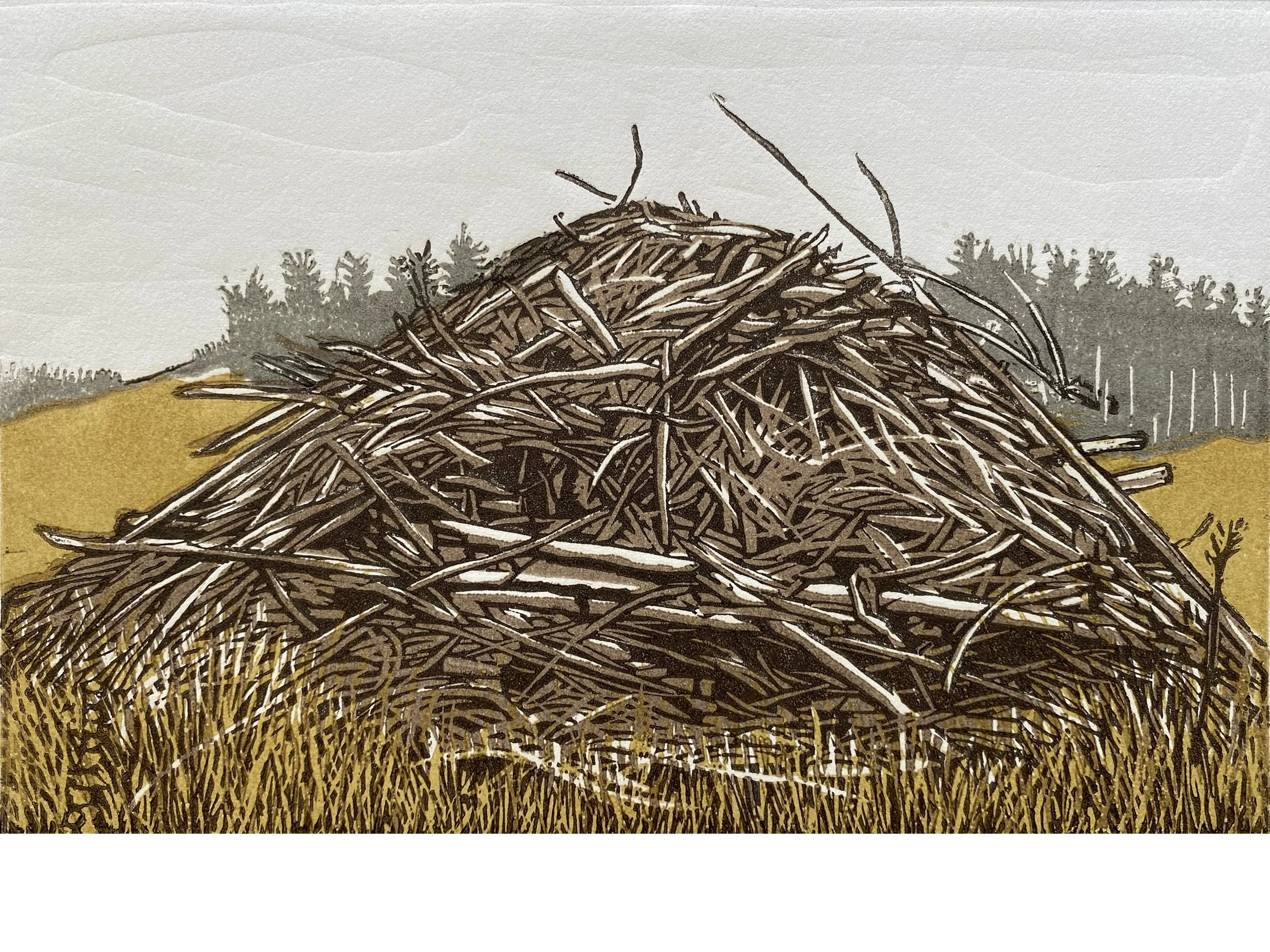 Gratitude Way burn pile #2, multi color lino cut, 9 x 6 inches