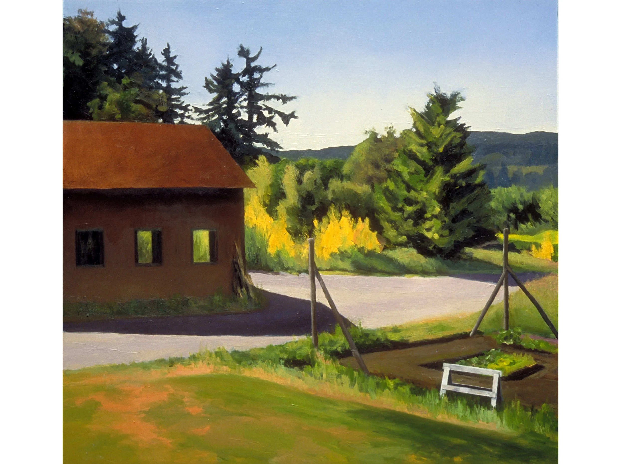 Barn and garden on Eagle Harbor Drive, oil on board, 24 x 24 inches