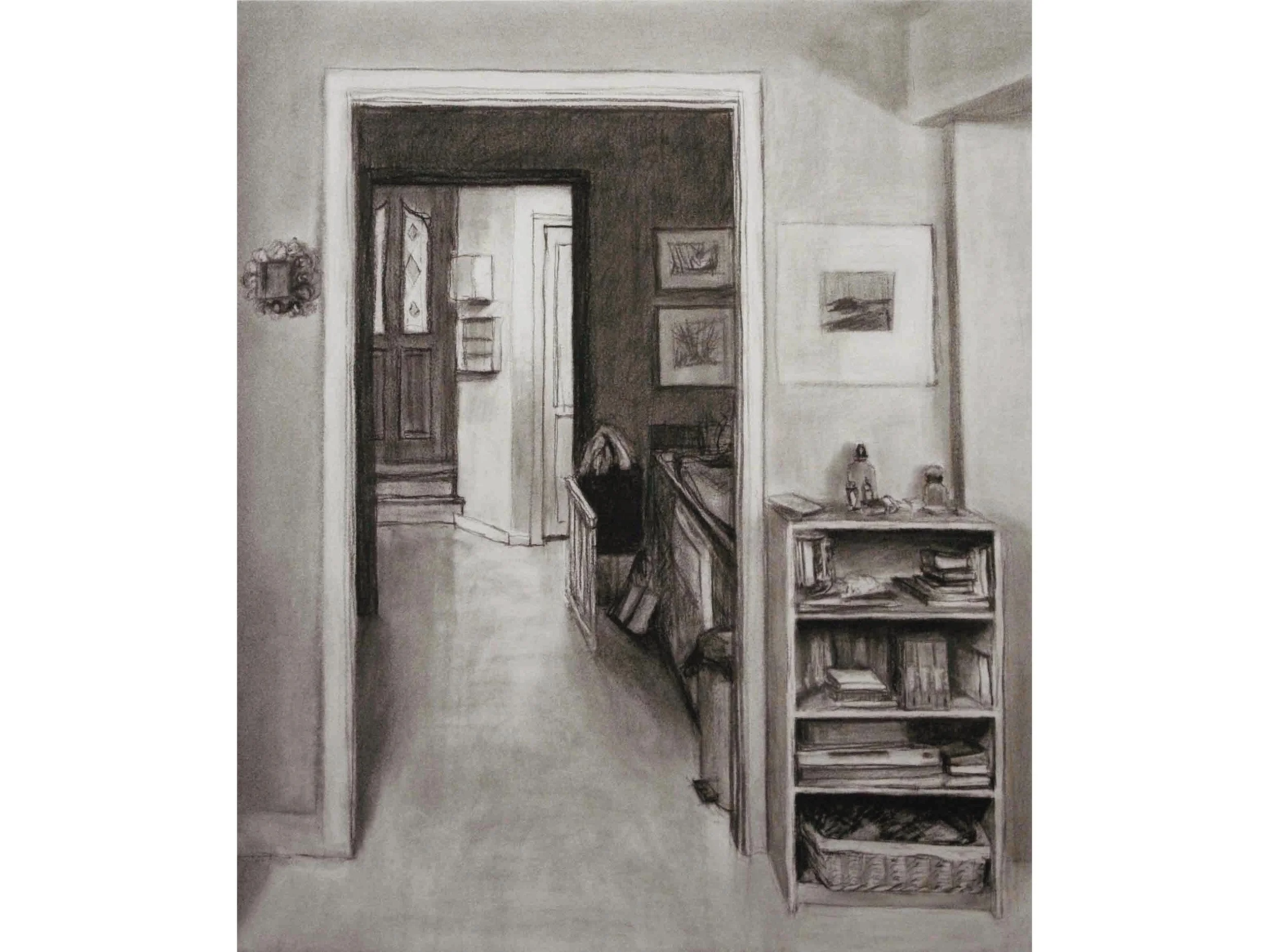 Ellingsen kitchen hallway, charcoal on paper, 22 x 28 inches