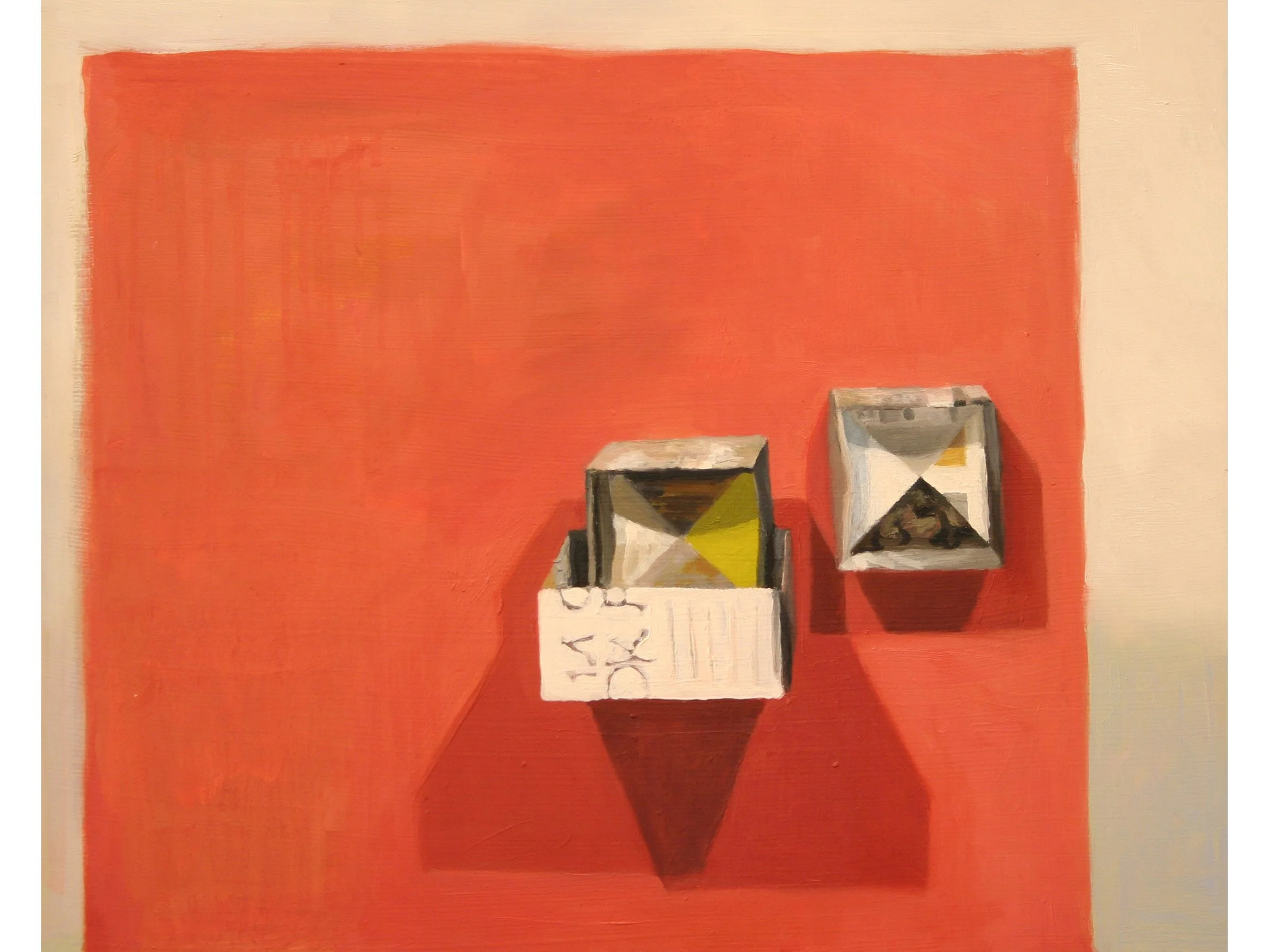 Boxes on the wall, oil on board, 14 x 12 inches 