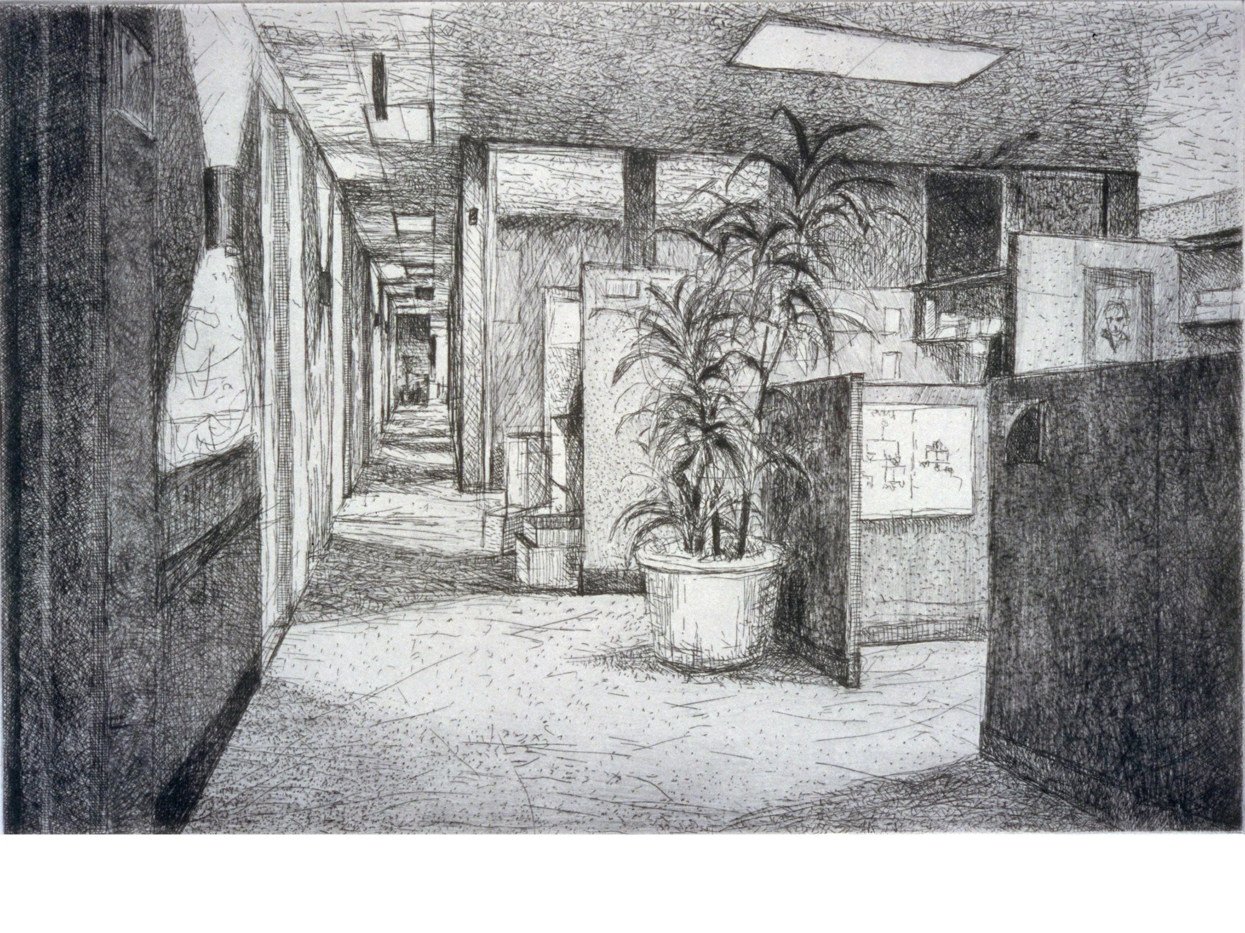 Office interior in Seattle, etching, 18 x 12 inch plate