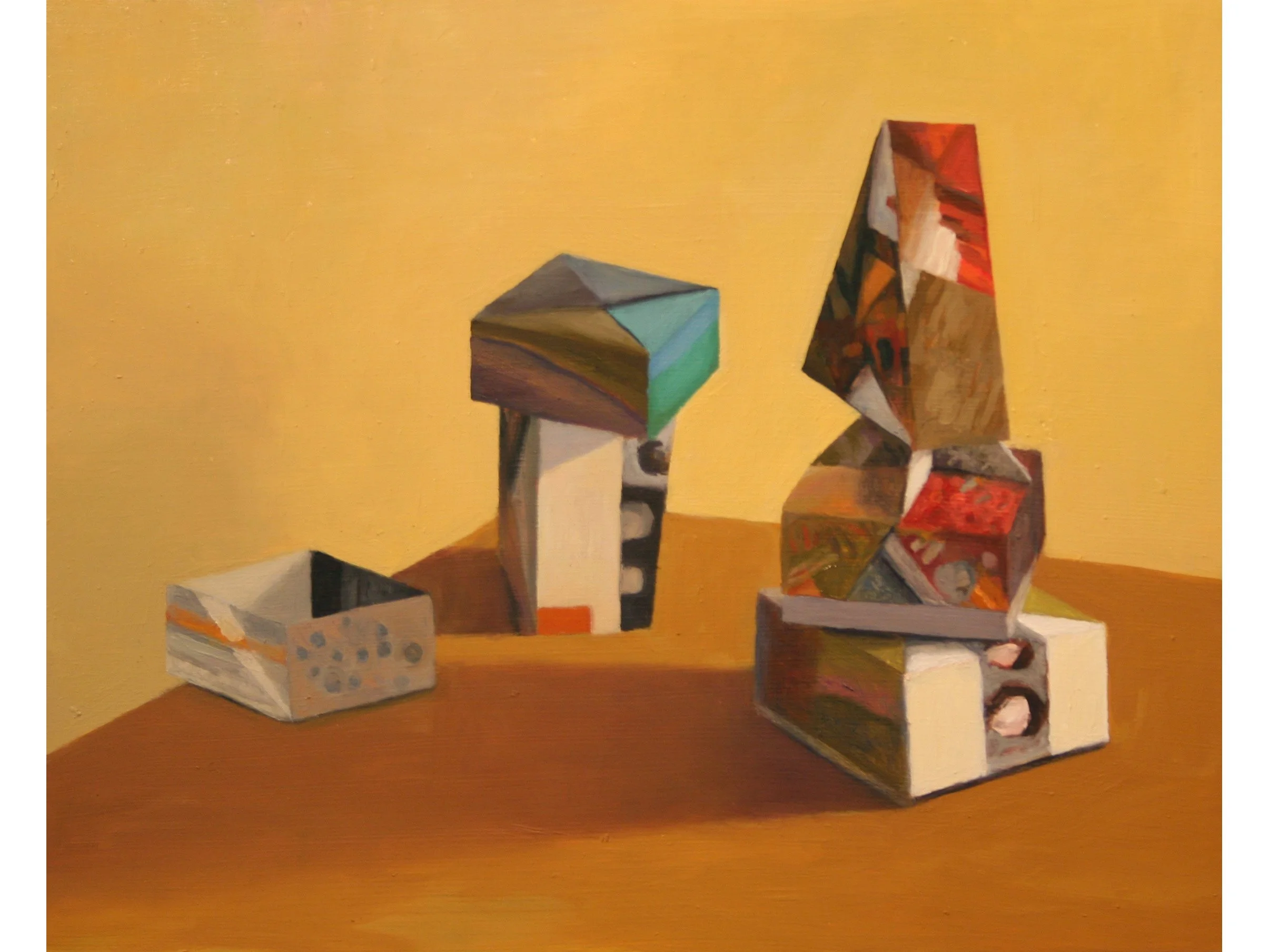 Boxes scattered, oil on board, 14 x 12 inches 