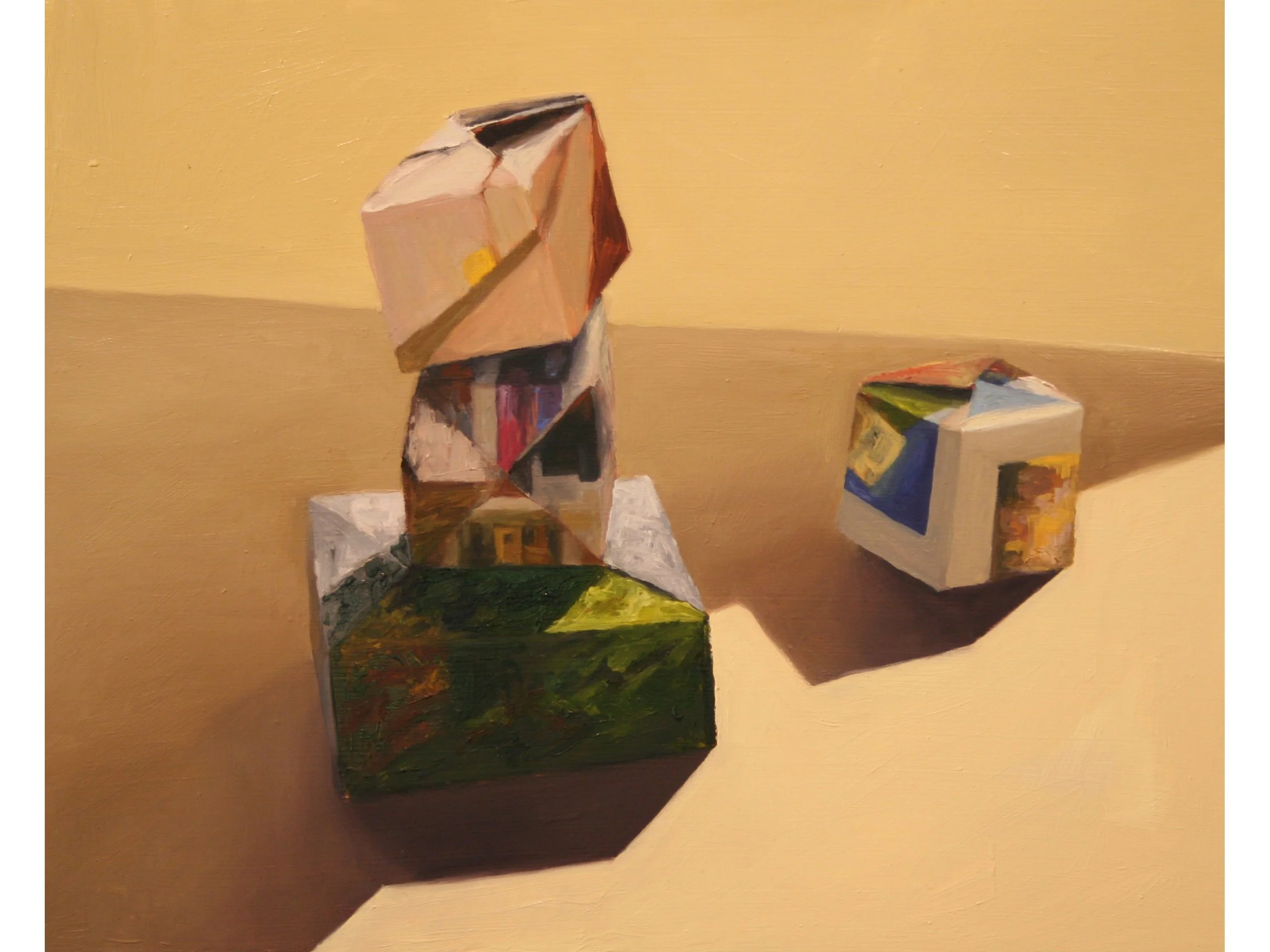 Stacked boxes cut by shadow, oil on board, 14 x 12 inches 