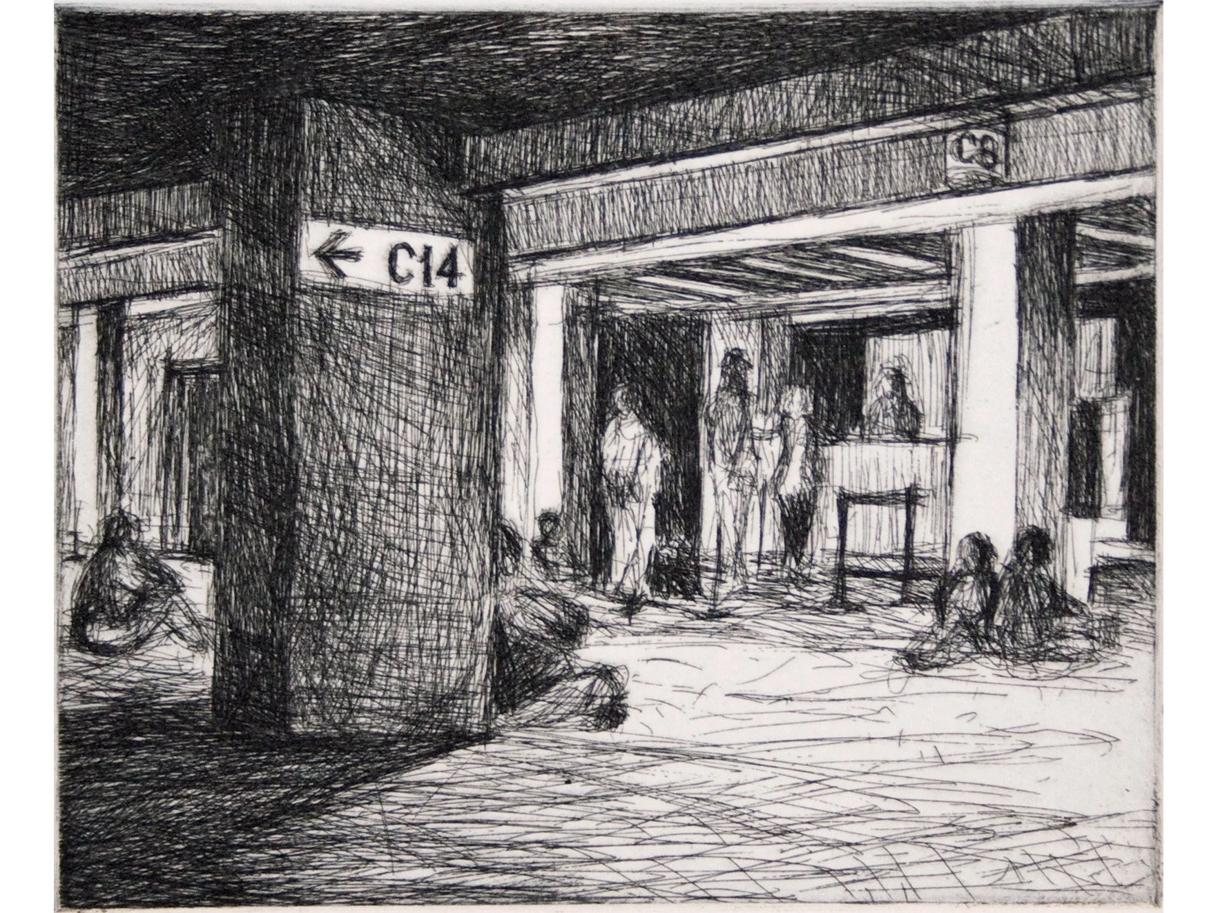 Delayed flight in Minneapolis, etching, 6 x 5 inch plate