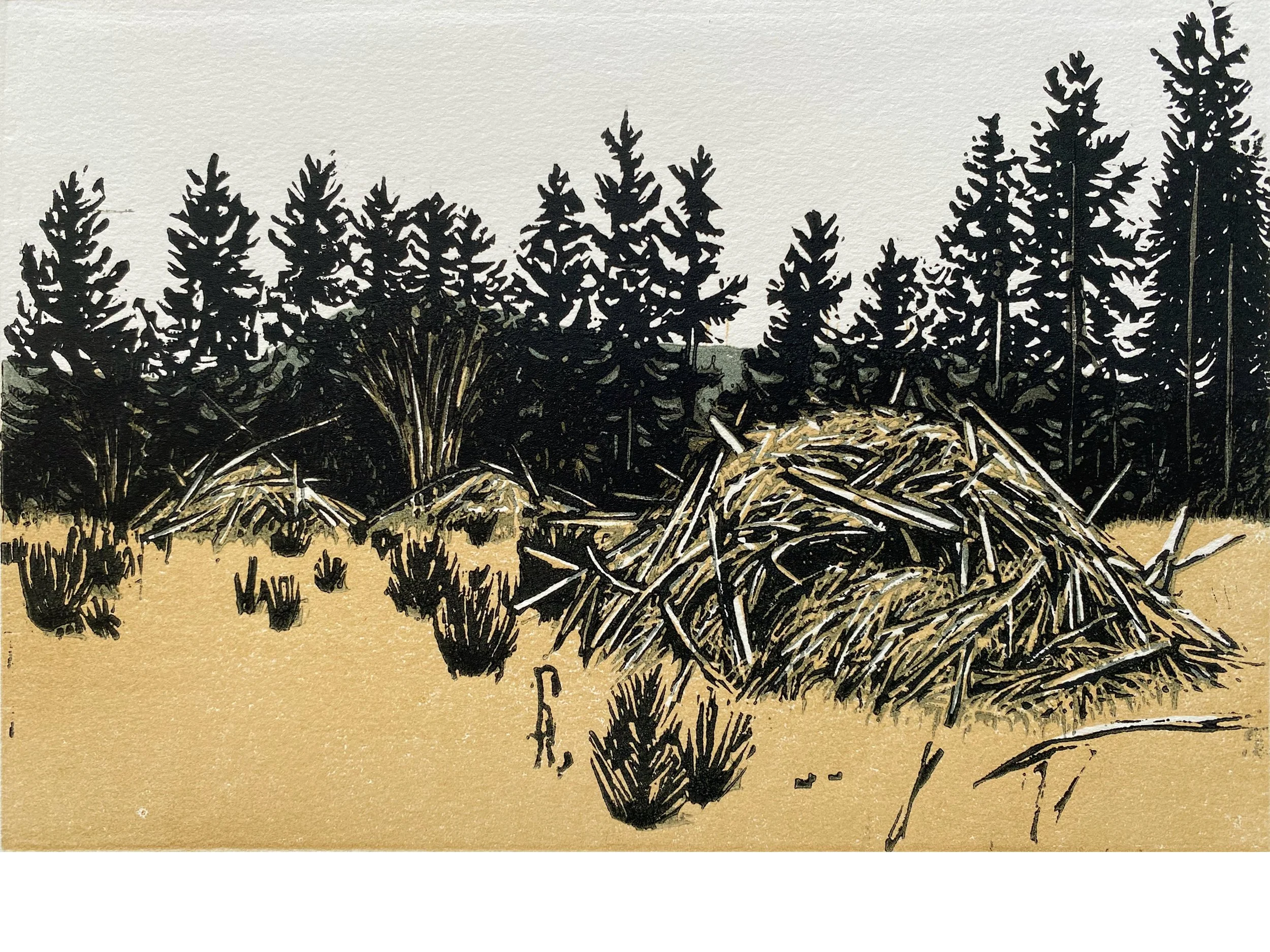 Gratitude Way burn pile #1, multi color lino cut, 9 x 6 inches