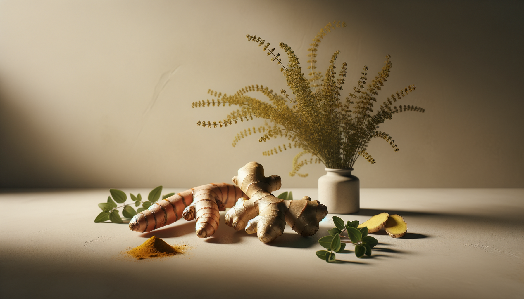 Fresh ginger roots, turmeric root slices, a small pile of turmeric powder, green leaves, and a white vase with yellowish-green foliage on a white surface with a neutral background.