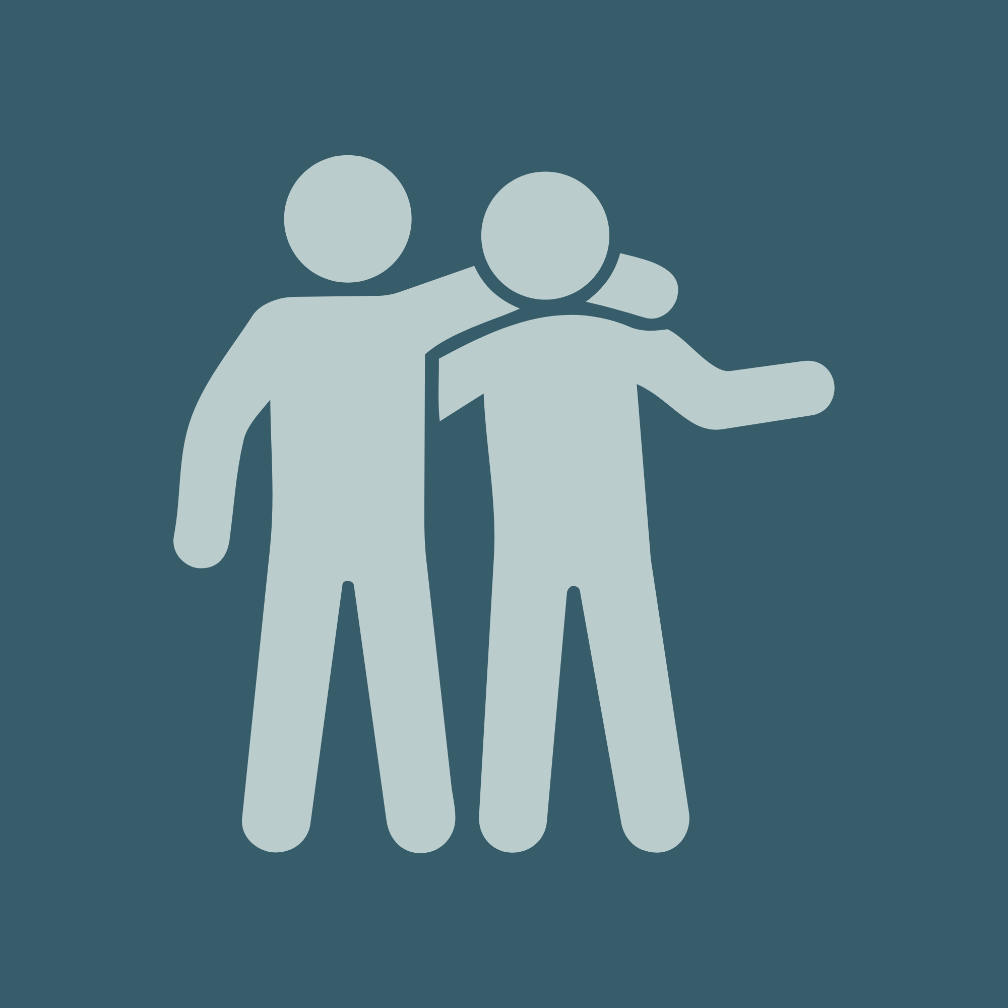 Simplified graphic of two human figures, one with arm around the other's shoulder, symbolizing support or friendship, on a dark teal background.