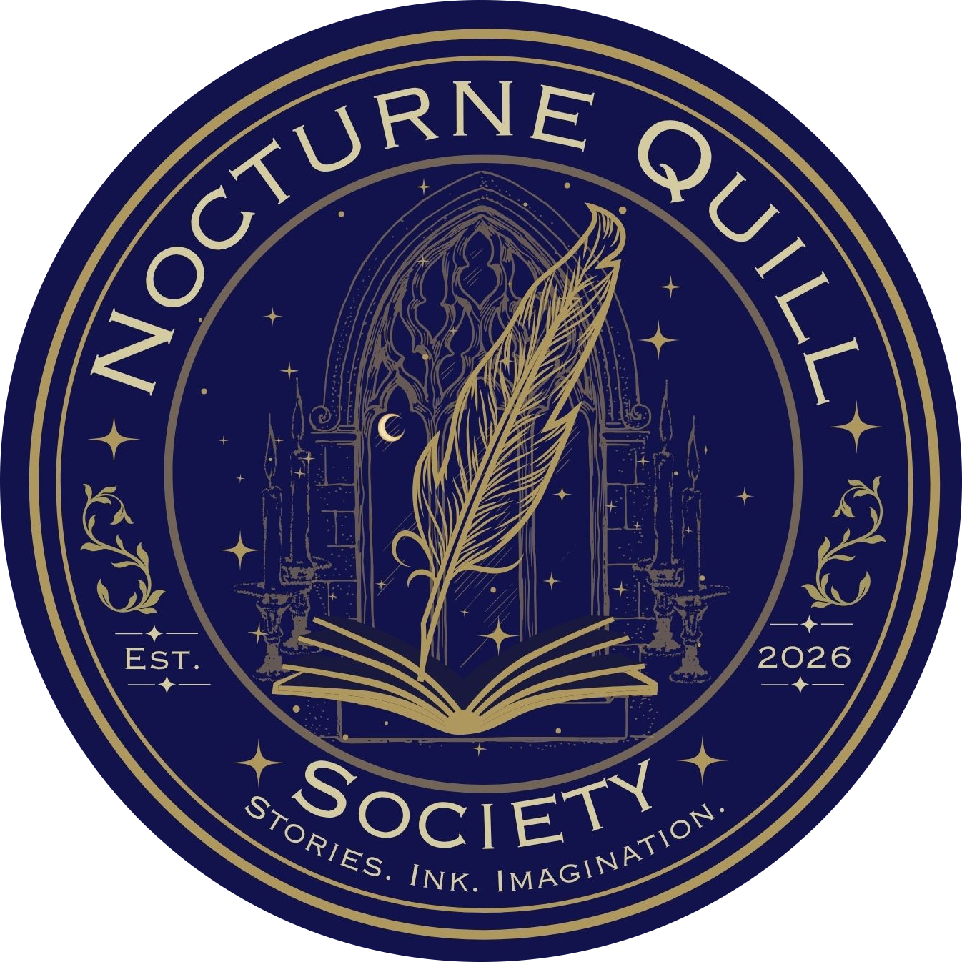 A circular logo for Octurne Quill Society featuring an open book with a feather quill, surrounded by a Gothic-style window, stars, a crescent moon, and candles, with the text 'Octurne Quill Society' and 'Stories. Ink. Imagination.', established 2026.