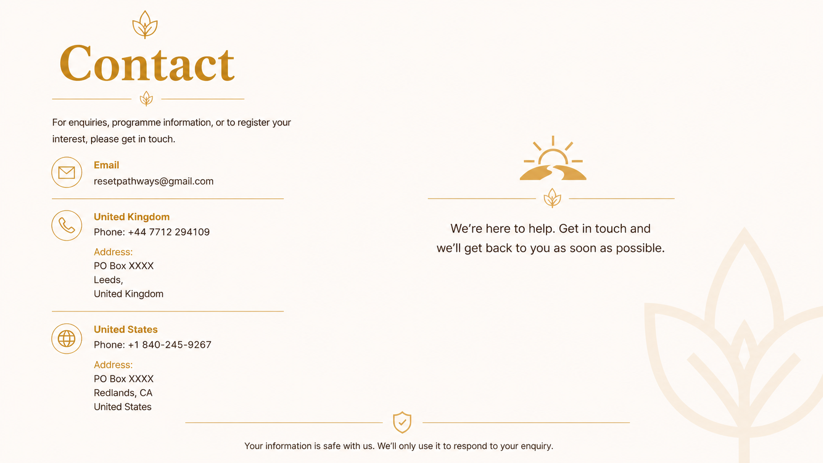 Contact information section with email, phone numbers, and addresses for the United Kingdom and the United States, featuring icons of an envelope, phone, and globe, and a sunrise with a leaf icon.