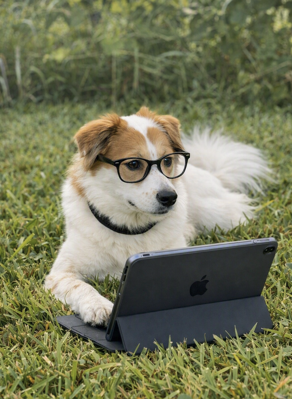 Daisy Mae, the Business Identity assistant, reviewing digital strategy outdoors.