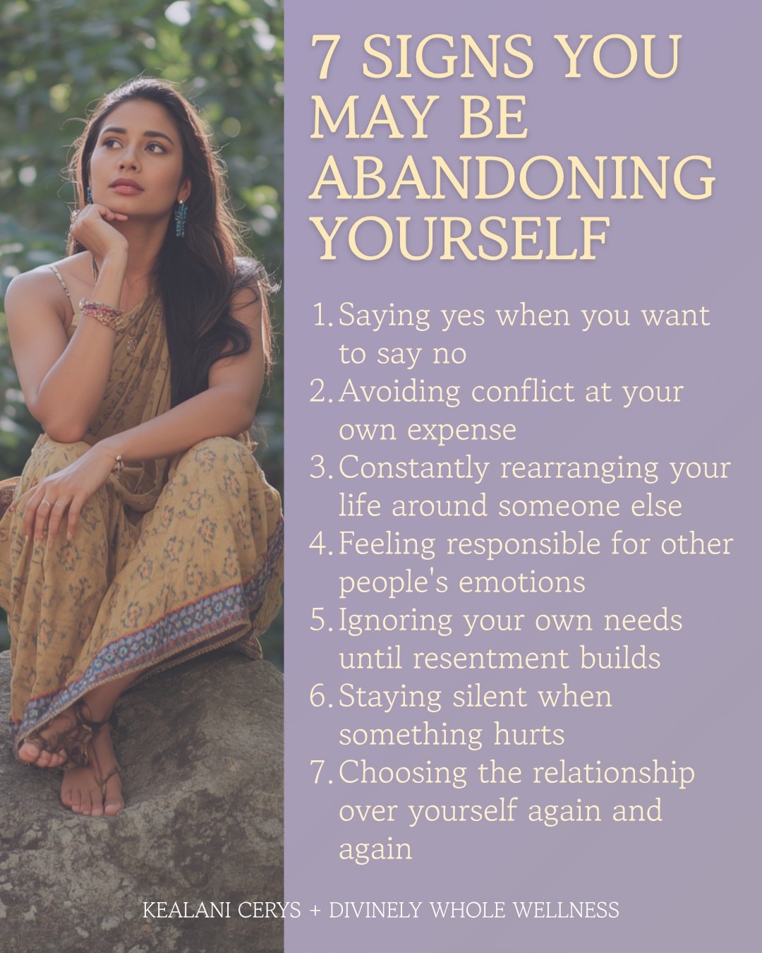 7 signs you may be abandoning yourself to keep other people happy:

↪ Saying yes when you want to say no 

↪ Avoiding conflict at your own expense 

↪ Constantly rearranging your life around someone else 

↪ Feeling responsible for other people's emo