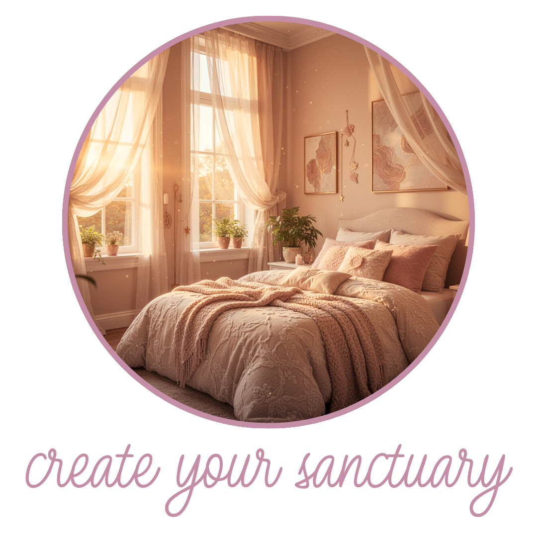 A cozy bedroom with a bed covered in beige and blush bedding, surrounded by soft pink and cream pillows. The room is lit by warm sunlight coming through sheer curtains on large windows. Potted plants are on the windowsills and a small bedside table. Artistic paintings hang on the wall above the bed, creating a warm and inviting atmosphere.