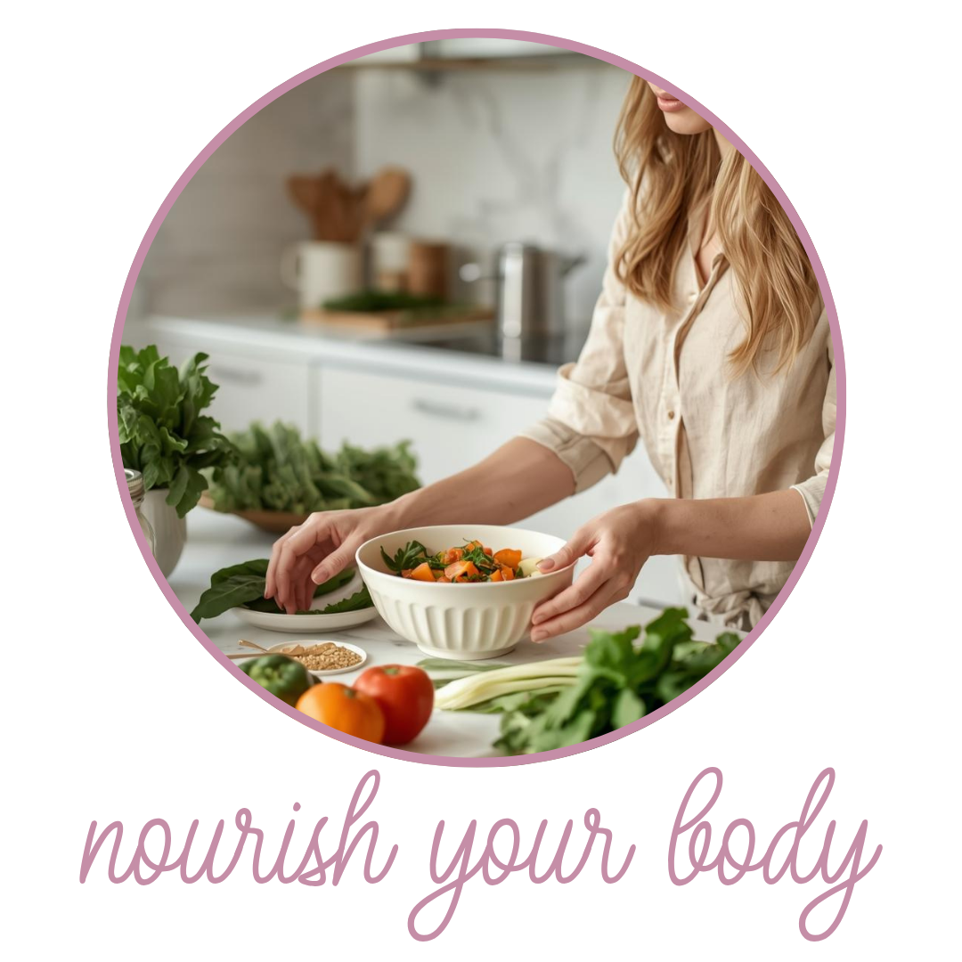 A woman in a beige shirt preparing a bowl of salad in a modern kitchen with fresh vegetables and herbs on the countertop.