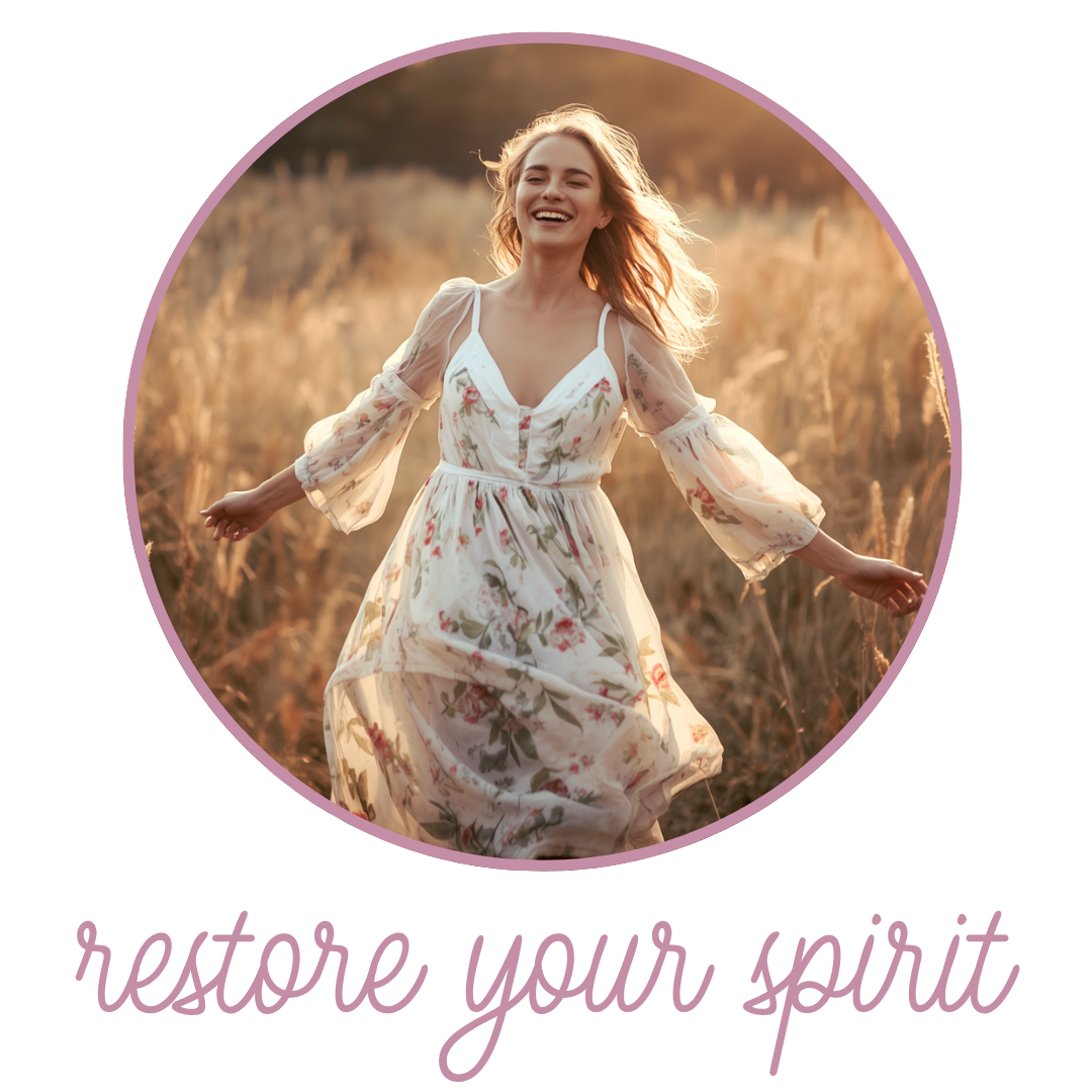 A woman in a floral dress running in a field during sunset, smiling happily.