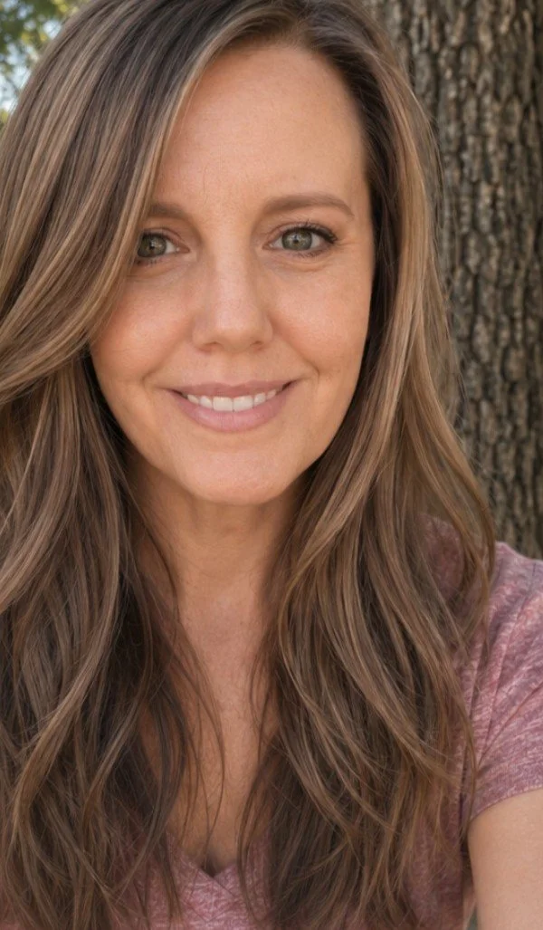 A smiling woman with long, wavy brown hair, sitting outdoors next to a tree trunk.
