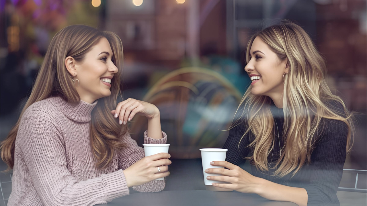 Two women sitting at a table in a cafe, smiling and enjoying drinks together.