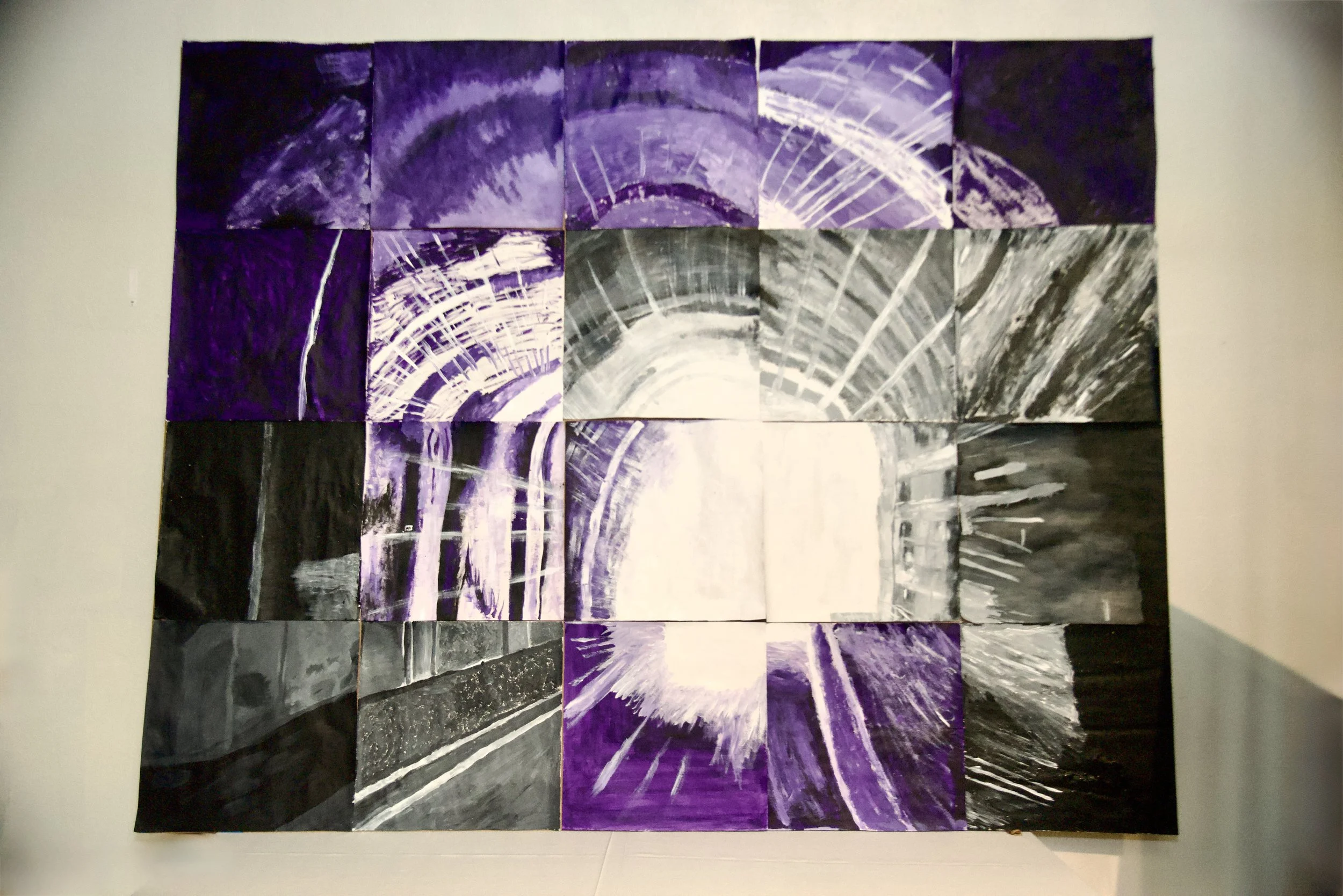 A collage of 24 abstract paintings or prints arranged in four rows and six columns, featuring purple, black, and white colors with geometric and circular patterns.