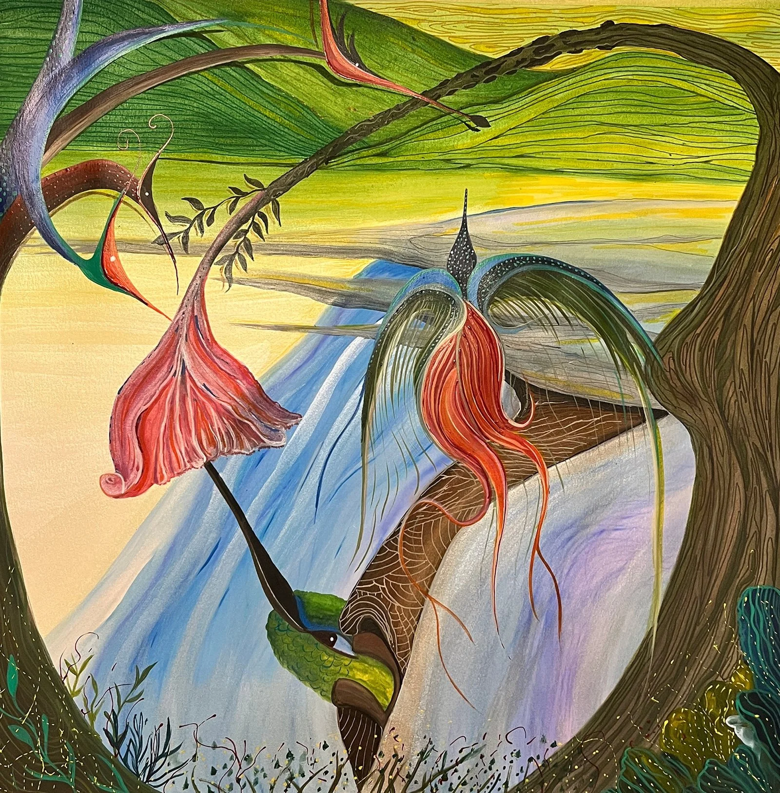 A colorful, surreal painting with flowing shapes and vibrant hues, depicting a fantastical landscape with organic forms, a waterfall, and abstract elements.