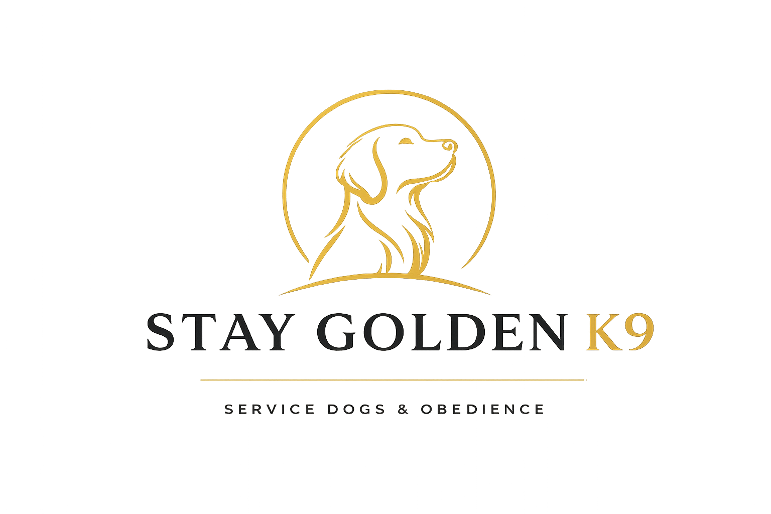 Sign for a service dog training business called Stay Golden, featuring a gold silhouette of a dog with long ears inside a circle, and the text 'K9' in gold on the right, with the tagline 'service dogs & obedience' underneath.