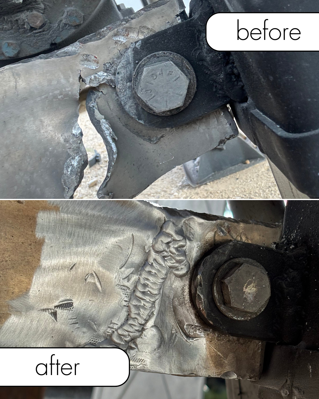 Comparison of a metal part before and after welding repair, showing a worn bolt and damaged metal surface before, and a new weld fixing the metal surface after.
