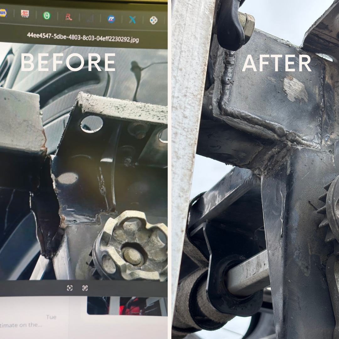 Comparison of a metal structure before and after welding, showing the welds and repaired section.