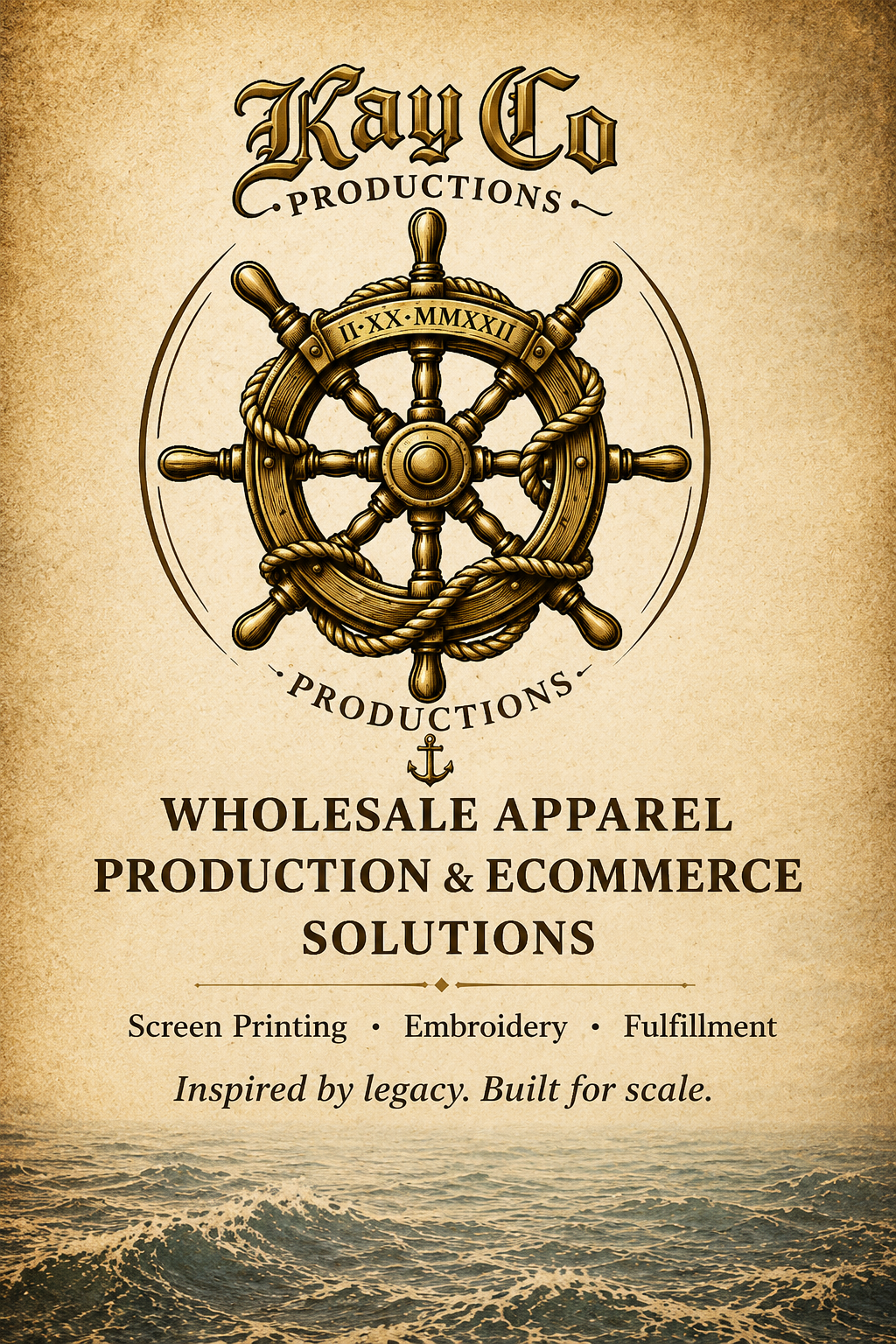 Vintage-style poster for Kay Co Productions featuring a ship's wheel with rope, an anchor symbol, and a background of ocean waves.