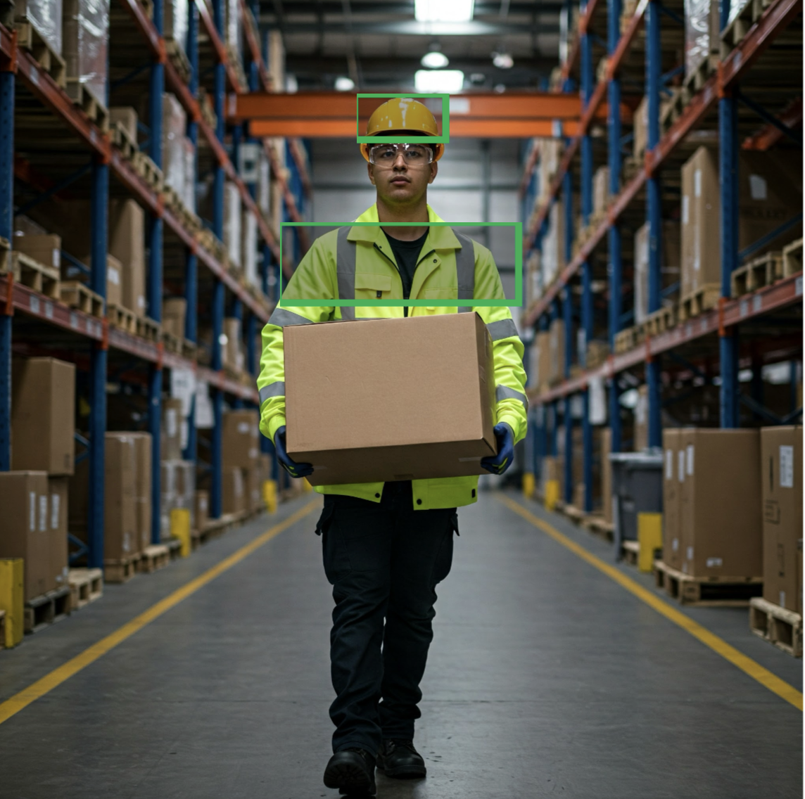 A warehouse worker wearing a yellow safety helmet, high-visibility jacket, and safety glasses, holding a cardboard box, walking down an aisle with shelves filled with boxes.