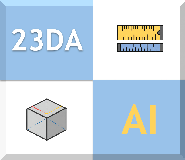 Graphic with '23DA' in large letters, a yellow and blue ruler, a 3D cube with colored axes, and the letters 'AI' in yellow on a blue background.