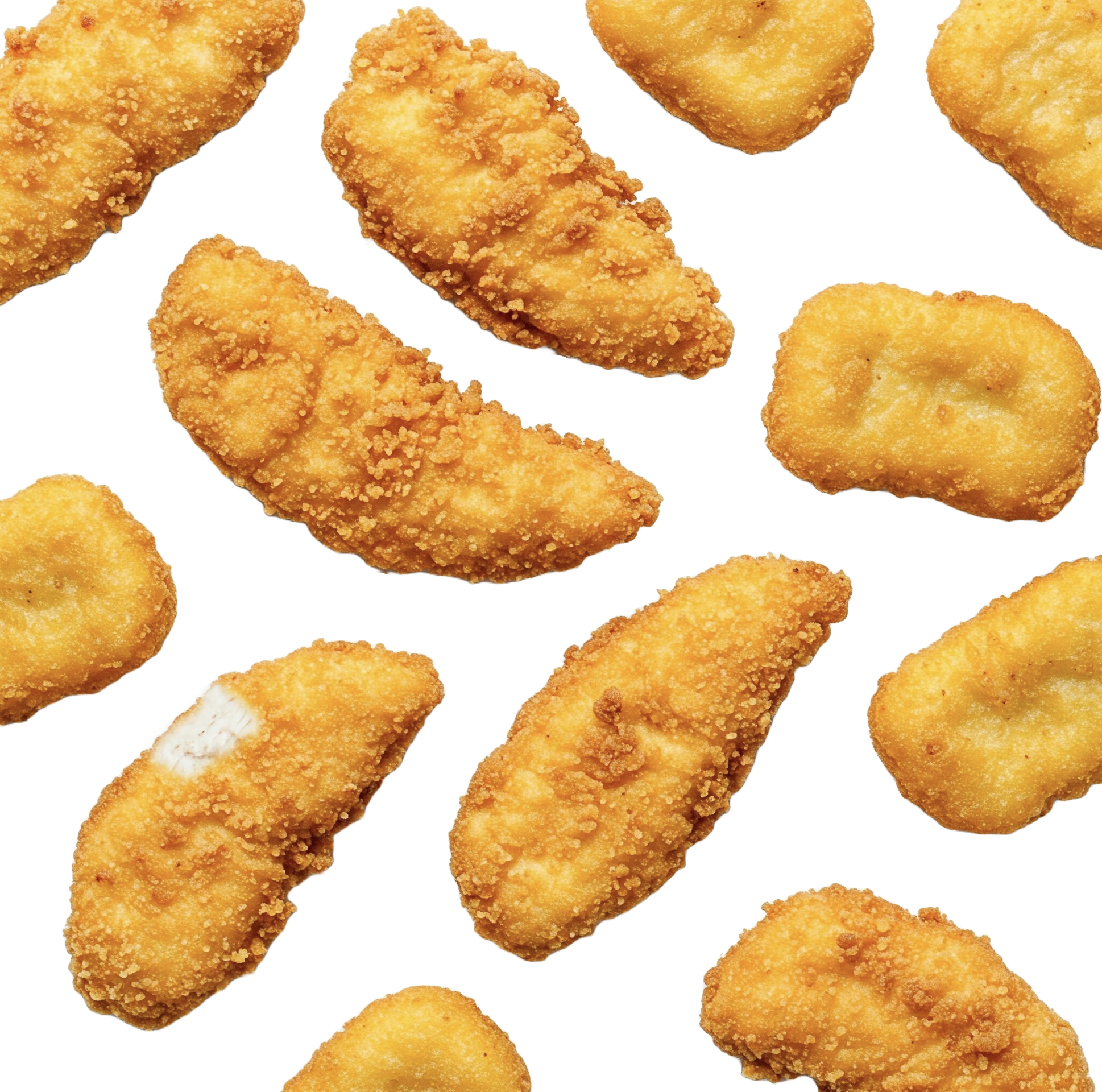 Multiple pieces of breaded chicken tenders on a white background.